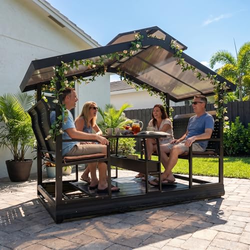 OUDE 4 Seats Hardtop Patio Porch Swing Heavy Duty 1500 lbs Capacity Aluminum Frame Glider Bench with Tabletop and Storage Shelf for Backyard Brown