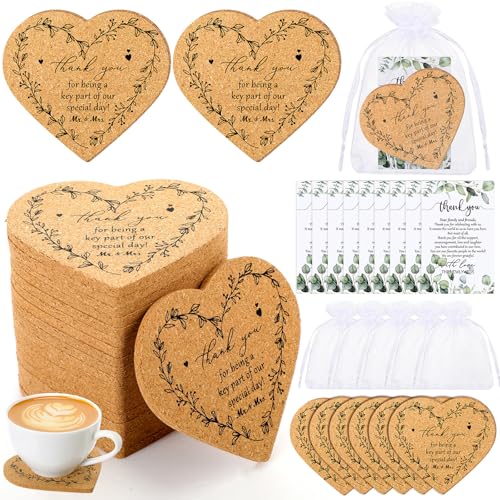 Uiifan 80 Sets Heart Cork Coasters Wedding Favors with Thank You Tags