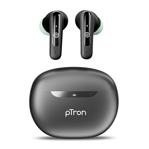 pTron Bassbuds Astra in-Ear TWS Earbuds w/Stereo Sound, 34Hrs Playtime, Stereo Calls, Custom EQ, Mobile App, BTv5.3 Headphones, Touch Control, Voice Assistant, Type C Charging & IPX4 (Black/Green)