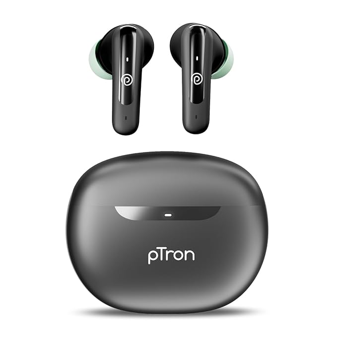 pTron Bassbuds Astra In-Ear TWS Earbuds with Stereo Sound, 34Hrs Playtime, Stereo Calls, Bluetooth V5.3 Headphone with Quick Pairing, Touch Control, Voice Assist, Type C Charging & IPX4(Black & Green)