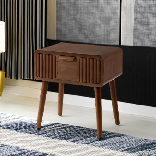 Miniatura 5 de COSIEST Mesita de noche de mediados de siglo, moderna mesa auxiliar con patrón de rayas, muebles de acento vintage con cajón de almacenamiento, mesa