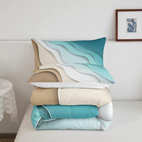 Miniatura 5 de Juego de edredón abstracto degradado con olas del océano, decoración de mar azul y playa, juego de edredón tropical contemporáneo de verano para