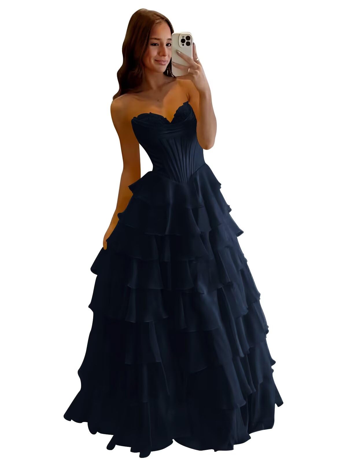 Gekaioe Tiered Chiffon Strapless Prom Dresses Long A Line Ball Gown Satin Corset Formal Evening Dress with Slit