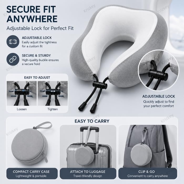 Image of Memory Foam Travel Neck Pillow with Portable Storage Case | Soft U-Shaped Neck Support Cushion for Airplane, Car, Train & Office | Lightweight Ergonomic Travel Pillow (Grey)