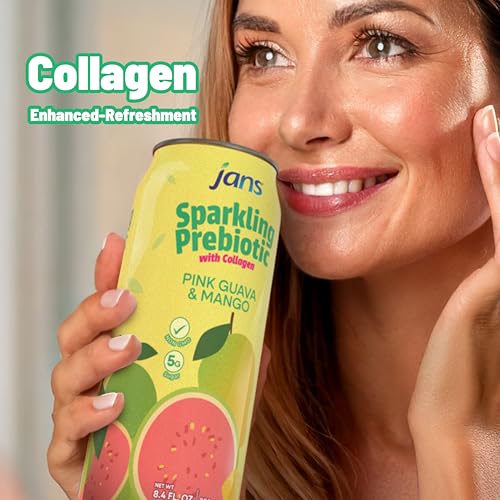 Image of Jans Sparkling Prebiotic with Collagen Soda Beverage - Pink Guava & Mango 8.4 Fl Oz (6-Pack) - Low Calorie, NO Added Sugar, Non-GMO Sparkling Fruit Beverage, Gut Health Support