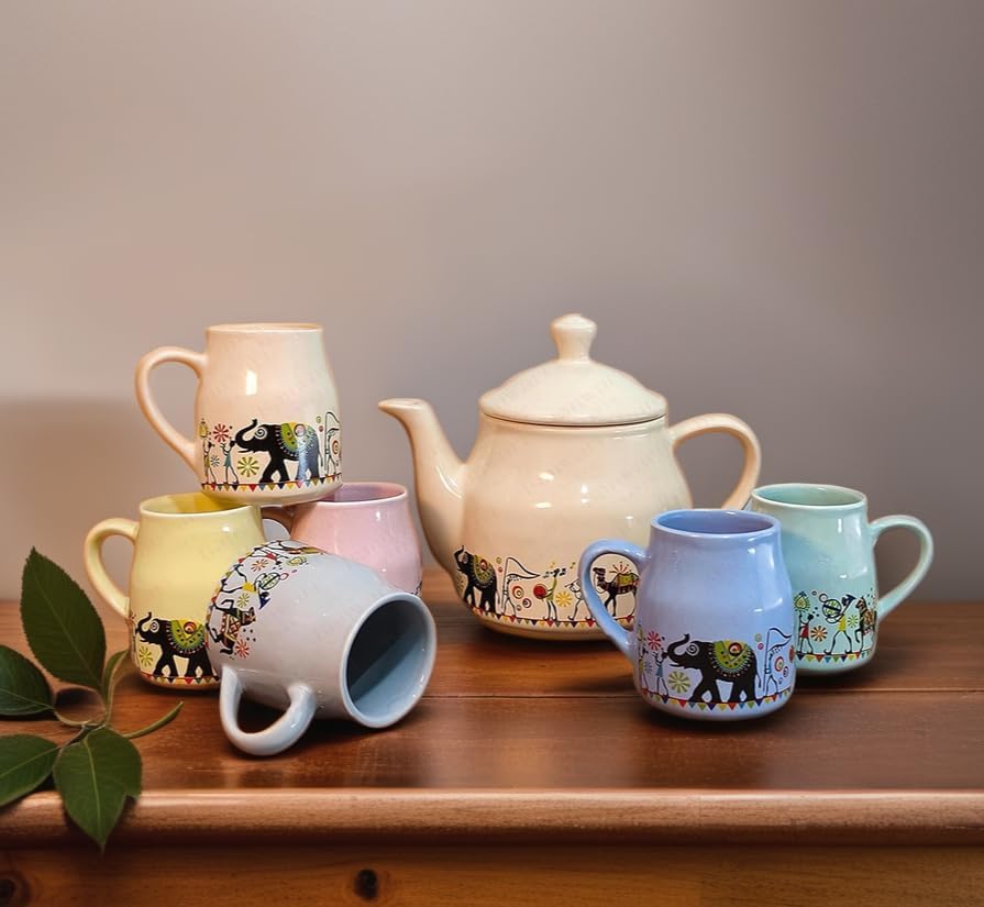 Image of Premium Ceramic Tea Set with Teapot and 6 Cups, Multi Elephant Design, Traditional Indian Theme (Multicolor)