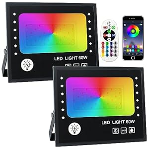 Projecteur LED Couleur,OUSIDE 60W Projecteur LED RGB Exterieur,IP66 Etanche L’APP Bluetooth change 16 millions de couleurs RGB Floodlight Pour le Jardin, la terrasse, l’éclairage Interieur(2 unités)