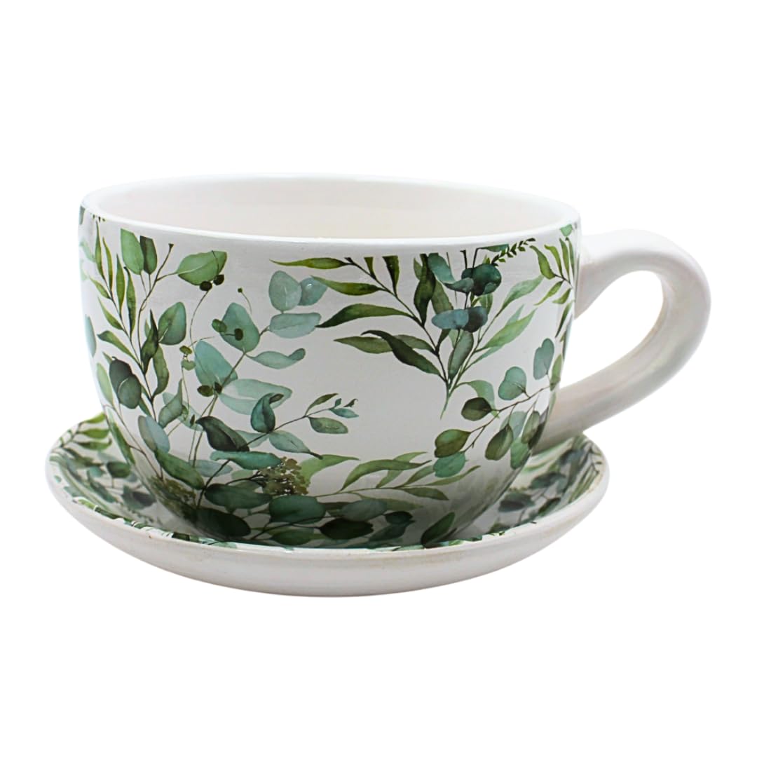 Dekohelden24 Flower Pot, Plant Cup, Planter, Planter, Flower Pot, Plant Pot with Ceramic Handle, Motif: Vine, L/W/H 20 x 15 x 12 cm