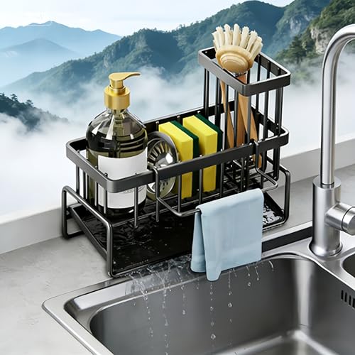 Sink Caddy Organizer - Stainless Steel Sponge Holder for Kitchen Sink with Brush Holder, Automatic Self-Draining Tray, Rustproof Compact Sink Organization for Countertop, 2-in-1 Design.