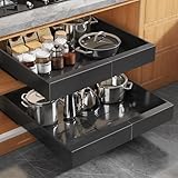 Seinloes 2Pack Expandable Pull Out Cabinet Organizer 21"Deep with Raising Pad for Framed Cabinets, Upgrade 3 Slide Rails Slide Out Drawers, Roll Out Shelves Adhesive,Adjustable Width 12.05"-20.4"Black