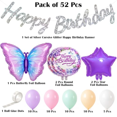Image of Pastel Butterfly Birthday Decoration Set, 52 Pcs Balloon Kit