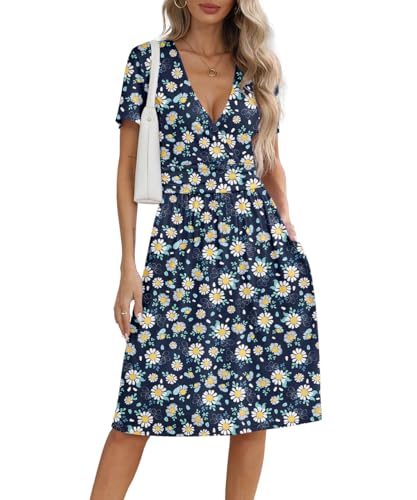 Image of NILOUFO Women's Summer Short Sleeve Casual Dress Wrap V Neck Party Midi Dresses with Pockets