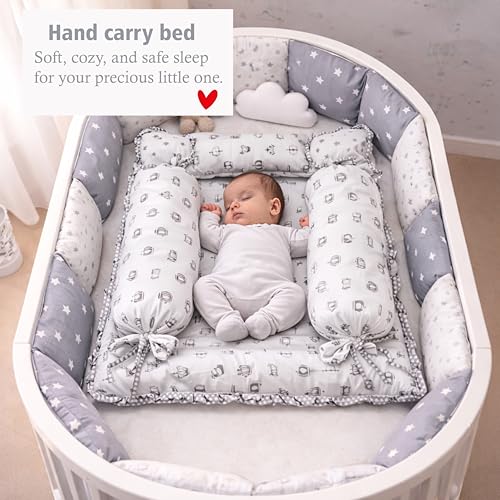 Image of Fareto Combo of Baby Bed with Net | Carry Bag | 4 Pcs Bedding Set (0-6 Months, Baby Size, Cotton) (Grey Taj)
