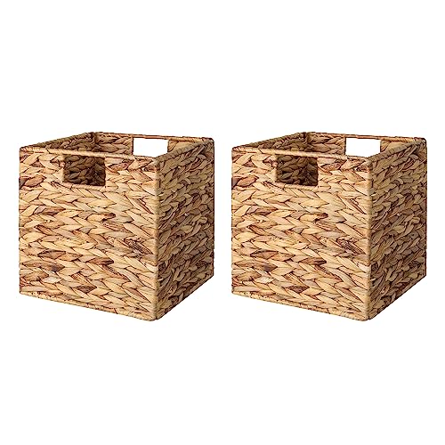 StorageWorks Wicker Baskets for Storage with Liners, Water Hyacinth Storage Baskets for Organizing, Handwoven Wicker Storage Cubes, Medium, 2 Pack