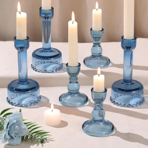 Lanttu 6 Pcs Blue Glass Candlestick Holders Taper Candle Holder B...