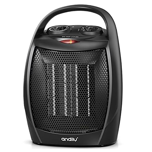 andily Compact Portable Ceramic Space Heater with Adjustable Comfort control Thermostat, 3 settings, Easy grip handle, Great for use in Home, Dorm, Office Desktop, and Kitchen, ETL for Safe (Black)