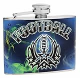 Hip Flask Gift Set with Refill Funnel and 2 Stainless Steel Shot Glasses - Football Theme Design - Blue Wrapped Vinyl Finish - 4 oz Flask - Gift Box Included