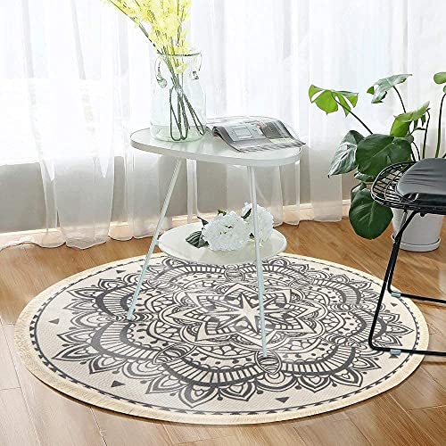 SHACOS Vintage Baumwollteppich Rund Grau Mandala Teppich Baumwolle Waschbar Handgewebt Boho Wohnzimmerteppich mit… – Bild 4