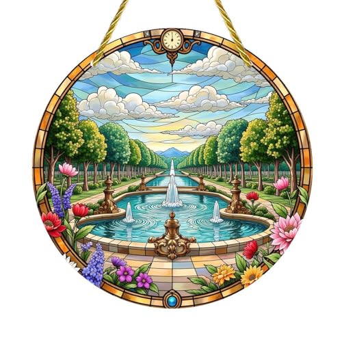 Acrylic Stained Panel Hanging-Formal Garden Fountains Round Window Hanging Ornament,Wall Art Panel for Indoor/Outdoor Decor,Gift,Birthday for Women, Men, Wife, Aunt, and Mom 7.8in