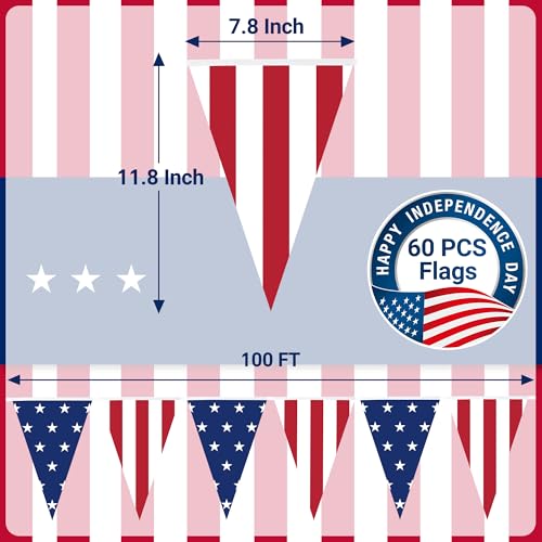 Image of 100FT 4th of July Decorations, 60Pcs 7.8 x 11.8 Inches Pennant American Flags for Outside, Pre-Assemble Patriotic 4th of July Banner for Fourth of July Accessories Independence Day Patriotic Decor