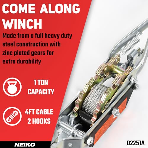 Image of NEIKO 02251A Come Along Winch, 1-Ton (2,000 lbs) Pulling Capacity, 5.9Ft, 2 hook, Heavy Duty Power Cable Come Along Tool with Dual Gears, Hand Winch Cable, Automotive Hoist Winch Puller, Recovery Gear