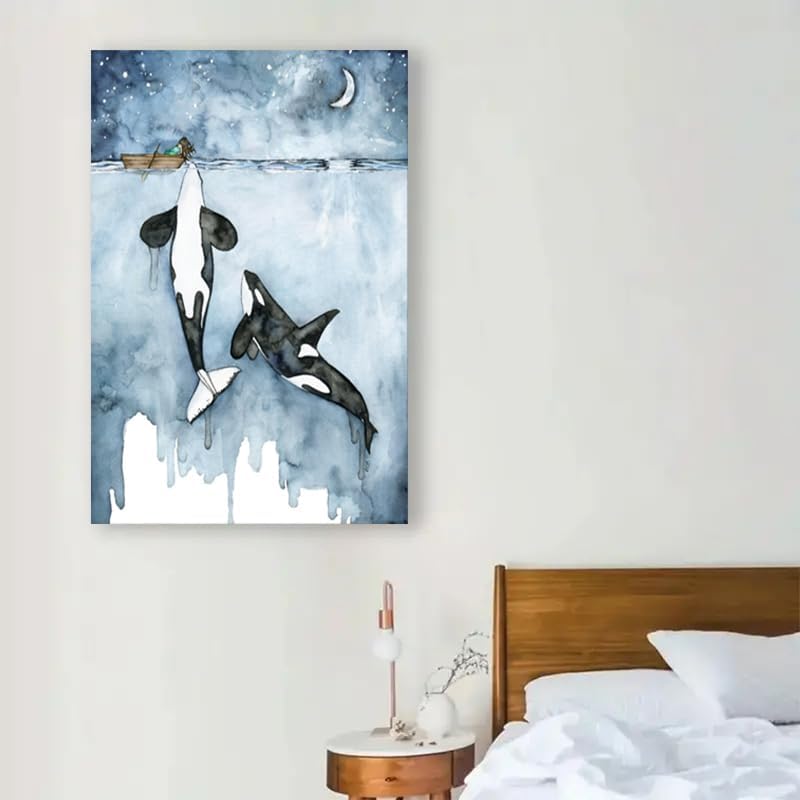 Miniatura 4 de Pintura de orca, pintura de ballena, lienzo de orca y niña, arte de pared, pintura retro, decoración estética, decoración del hogar, habitación, sin