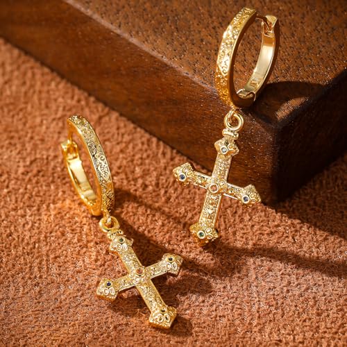 Cross Hoop Dangle Earrings 18K Gold-tone Plated Cubic Zirconia Earrings Lightweight Cross Dangle Drop Earrings for Men Women Hypoallergenic(EA002-B) 5