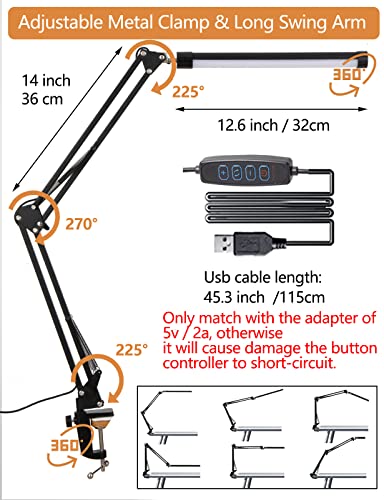 Led Lámpara De Escritorio, Ajustable Brazo Luz De Escritorio Con Abrazadera, Alimentado Por Usb Regulable Cuidado De Los Ojos Lectura Luz De Mesa, 3 Modos, 10 Niveles De Brillo, Función De Memoria