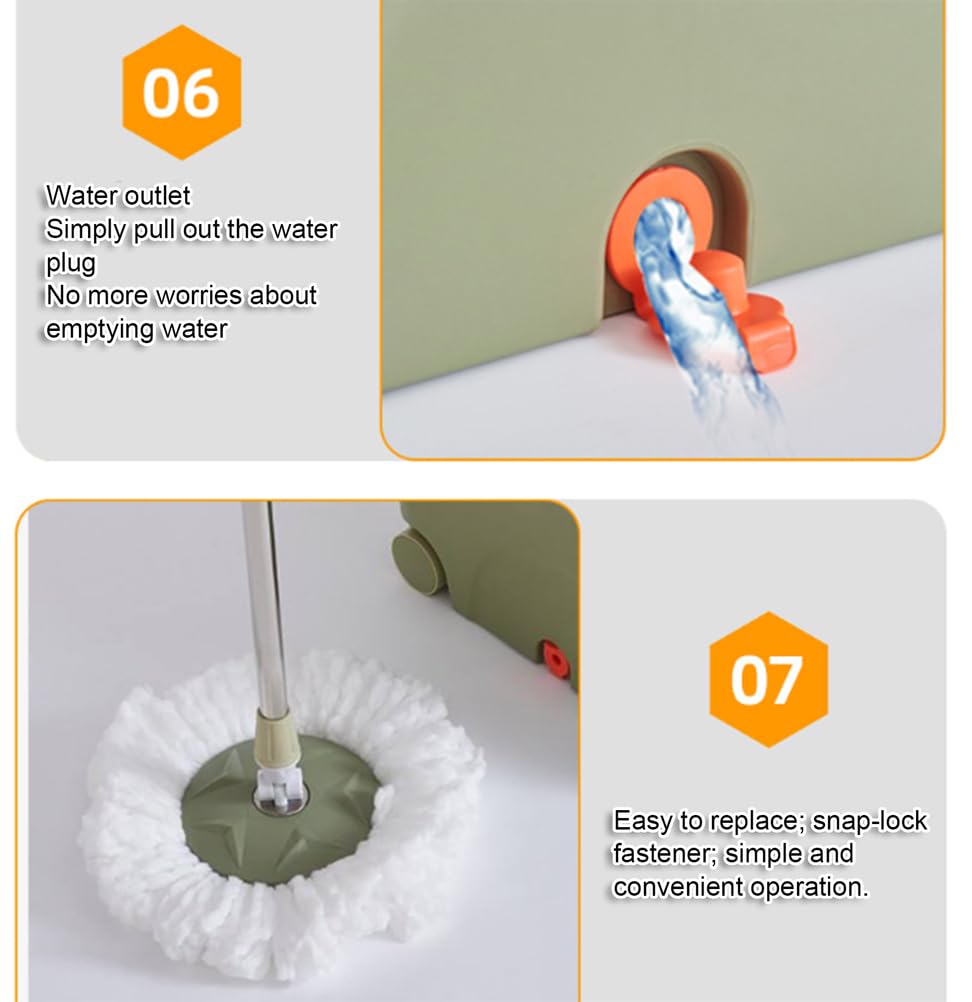 Juego de fregona giratoria y cubo con ruedas, fregona de microfibra | Mango ajustable de acero inoxidable, cabezal de fregona giratorio de 360°, sistema de limpieza de fregona perezosa