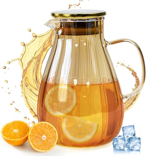 Fuhesgu Caraffa in Vetro da 1,8L/63OZ, Brocca Acqua Vetro Borosilicato Caraffa di Vetro Caldo Freddo Brocca per Acqua con 304 Acciaio Inossidabile Coperchio per il Tè Freddo, Vino, Latte e Succo