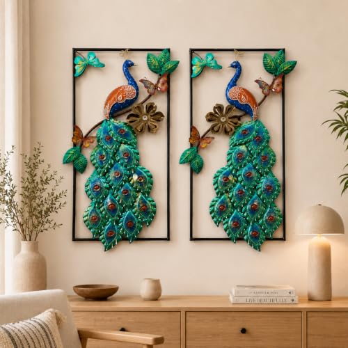 Image of SHREE 'O' GREEN TECH - Modern Multicolor Peacock Wall Decor with Vibrant Feather Artwork Floral Accents and Decorative Leaves for Living Room Bedroom Hallway Home Interior (Set of 2)