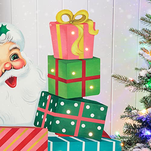 Image of Glitzhome 36 inch H Lighted Christmas Santa with Gifts Porch Sign Wooden Standing Santa Porch Decor Rustic Merry Christmas Welcome Sign Holiday Party Outdoor Indoor Xmas Decorations