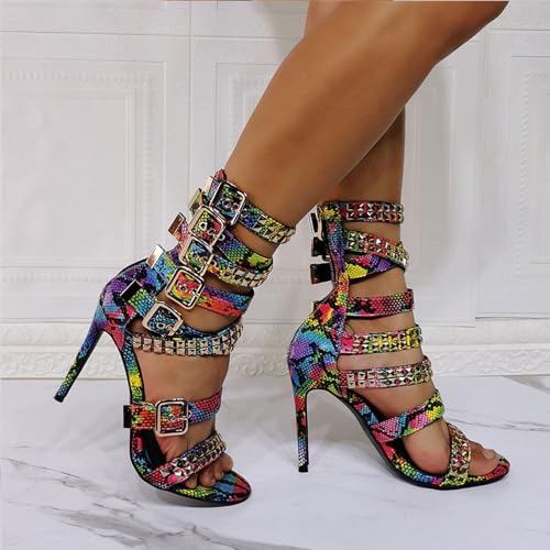 Large Size Women's Sandals with Color Matching Snake Pattern Rivets Zippered Back Nightclub High Heels3