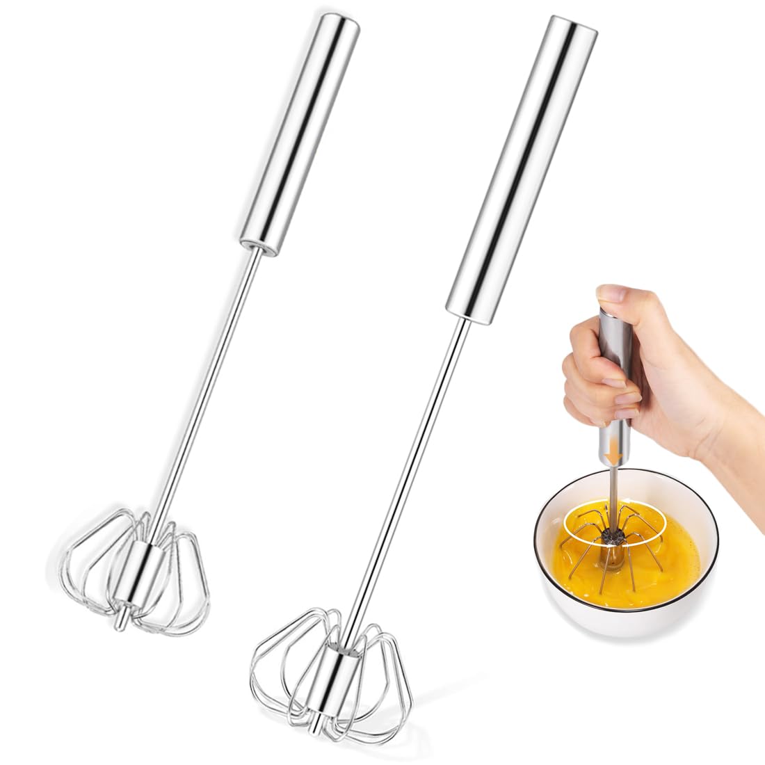 Semi Automatic Whisk, Stainless Steel Semi-Automatic Whisk 2 Pcs, Easy Beater for Making Cream, Beating and Stirring (12”&14” Sizes)
