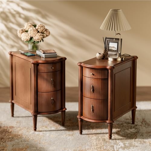 STO'SENSE Nightstand Set of 2 w/Charging Station & 3 Drawers, Pre-Assembled, Vintage Side Table w/Antique-Finished Pulls, Rustic Wood Finish, Narrow End Table w/Turned Legs for Bedroom, Brown