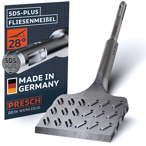 PRESCH Fliesenmeißel SDS plus - Extra breit (75mm) - Extrem robuste Meißelkante - Abgewinkelt für leichte Fliesenentfernung (165mm lang) - Meißel aus Hochleistungsstahl für kraftvolle Schläge