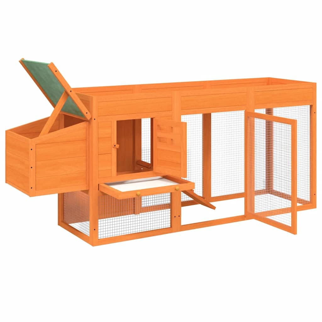 Gallinero de madera maciza de pino, establo para animales pequeños con nido, caño y rampa, gallinero para pollos, conejos y codornices, marrón verde, 204 x 50 x 84 cm