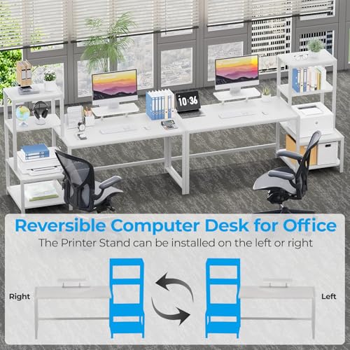 Image of GreenForest Computer Desk 58 inch with Printer Shelf, Reversible Office Desk with Monitor Stand and 2 Hooks, Home Desk Workstation for Study Writing Working Gaming, Full White
