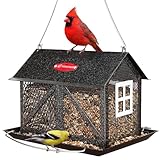 Kingsyard Metal Bird Feeder for Outdoors Hanging, 2-in-1 Wild Bird Feeder with Seed Tray & Built-in Perch, 5 lb Large Capacity for Cardinal Chickadee Finch, Black
