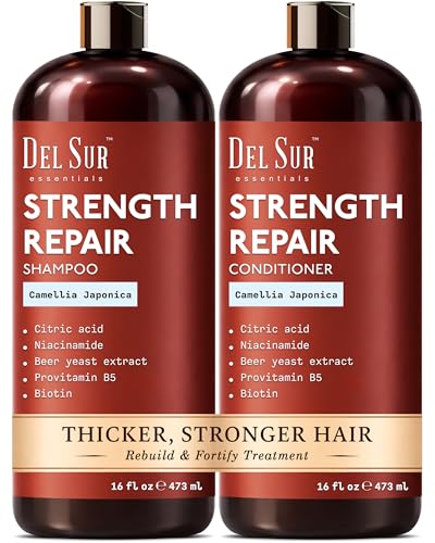 Image of DEL SUR Hair Strengthening Shampoo and Conditioner Set | 16 fl oz Each | with Camellia Japonica, Niacinamide, Provitamin B5 & Biotin | Repair & Hydration for Dry, Weak Hair