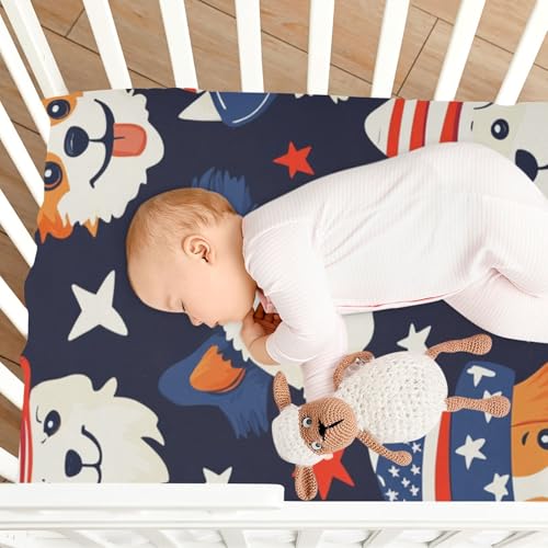 Image of Crib Sheet Breathable Soft Crib Mattress Sheet for Baby Toddler Boys Girls Fitted Crib Sheet Fit Standard Crib Mattress 52 x 28 Inch July 4th Cute Dogs Blue
