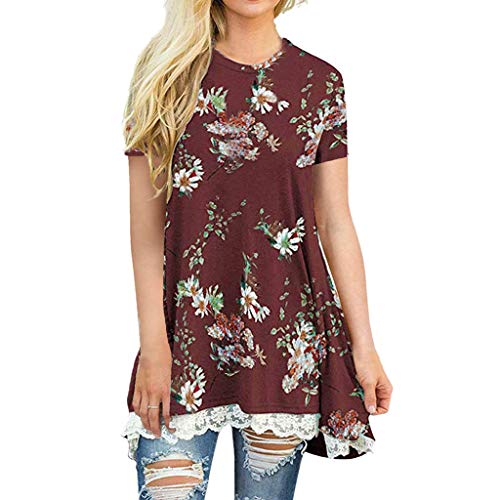Women's Tops Short Sleeve, ildlor Lace Side Short Dress Scoop O-Neck A-Line Tunic Blouse Flower Printed Lovely