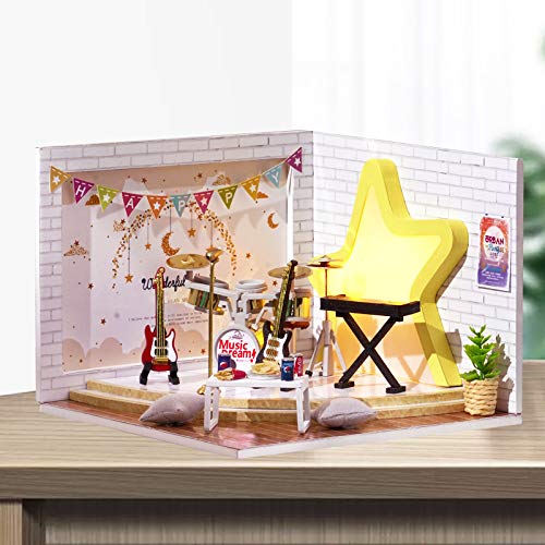 Doll House Miniature Dollhouse Kit DIY Wooden Dollhouse Accessories with Musical Instrument Toy Plus Dust Proof Cover Model House Assembled Cabin Handcrafts Educational Toys for Kids Teens Adults - Thumbnail 4