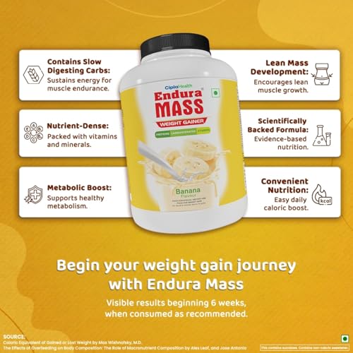 Image of Endura Mass Weight Gainer 3000 g Banana Flavour | Unique blend of 3 sources of protein, carbs, vitamins & essential minerals | Ideal for Children above 10 years, men, women & athletes.