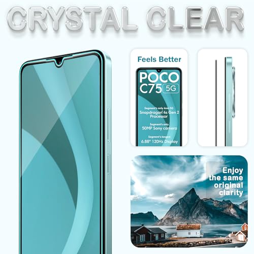 Image of ArmourPro Military Grade Gorilla Tempered Glass Compatible For Poco C75 (6.88 Inch) With Easy Installation Kit for Smartphone| Edge To Edge Coverage | Black, Pack of 2