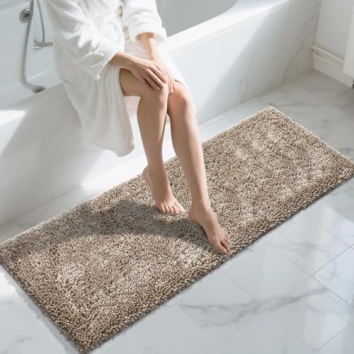 Image of Yimobra Long Bathroom Rugs Runner 60x24 Inch, Extra Thick Soft Absorbent Chenille Bath Mat, Non Slip Machine Washable, Quick Dry Bath Rugs for Bathroom Floor, Tub and Shower, Camel