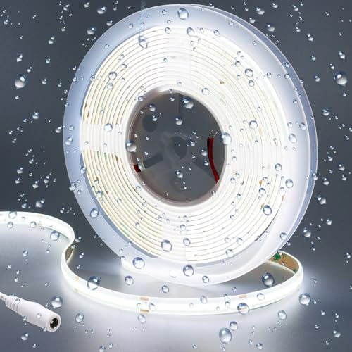 GOMING 24V 5M COB Striscia LED Bianco Freddo 6000K Impermeabile IP65 CRI 93+ Alta Densità 480LED/M Senza Punti Luce Alta Luminosità Flessibile Luci LED per Soggiorno Bar Decorare(Senza Alimentazione)