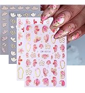 Flower Nail Stickers for Nail Art, 3D Floral Nail Decals with Gold Edge Petals Design Adhesive Na...
