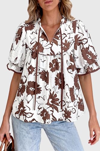 PRETTYGARDEN Womens Summer Tops 2026 Cute Puff Sleeve Ruffle V Neck Babydoll T-Shirts Boho Floral Fall Peplum Shirts(Brown Floral,Medium) — view 2