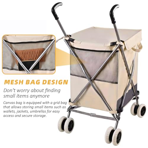Image of Folding Grocery Shopping Cart Rolling Utility Cart with 360 Double Front Swivel Wheels Waterproof Removable Canvas Bag with Cover for Laundry Grocery, Shopping, Baggage, Picnic (Green)